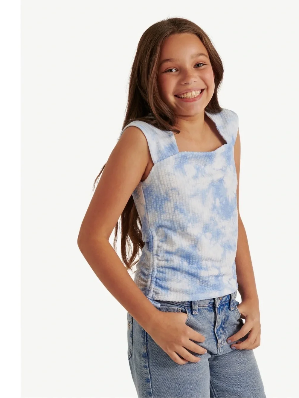 Justice Girls XL 16/18 Blue White Tie Dye Ribbed Cinch Side Top NWT